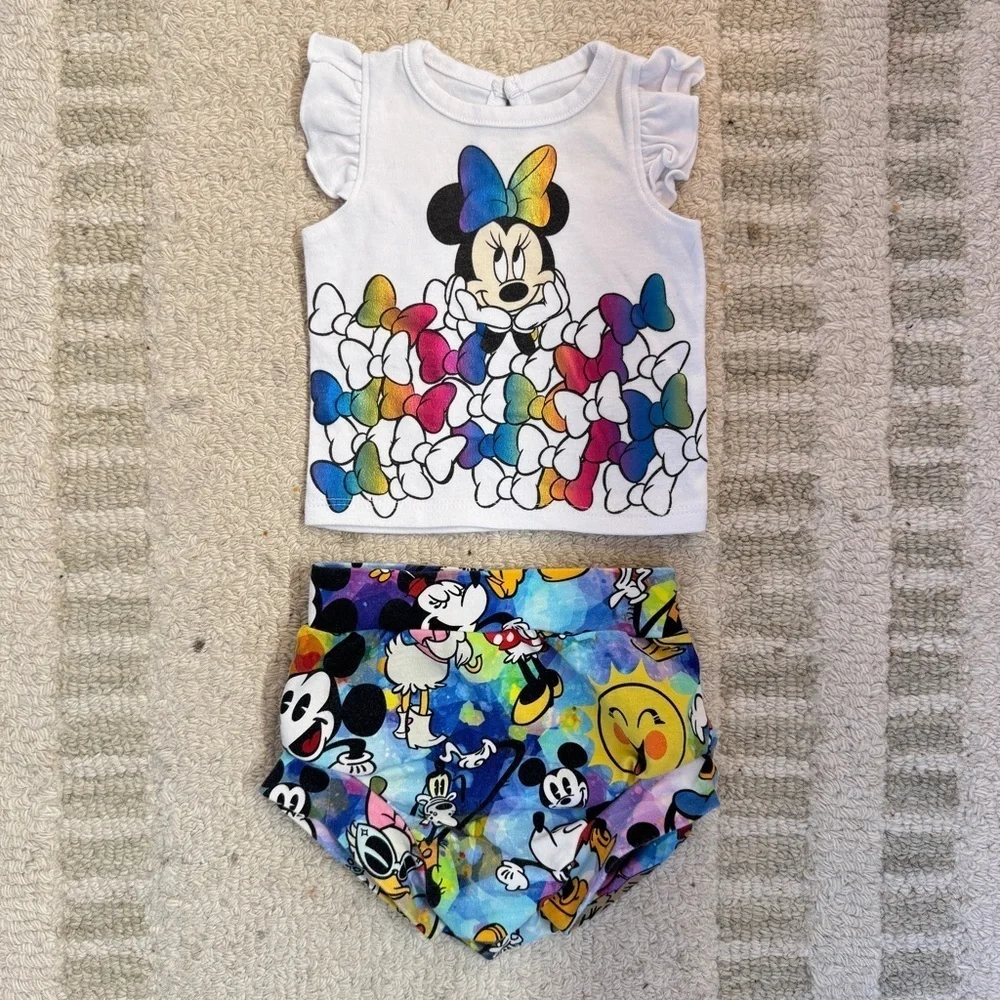Minnie Mouse Rainbow Bow Tank and Mickey Print Shorts Set